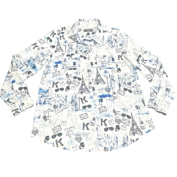 Karl Lagerfeld Paris Women's Long Sleeve Whimsical Blue and Black Blouse size L - Picture 8 of 12